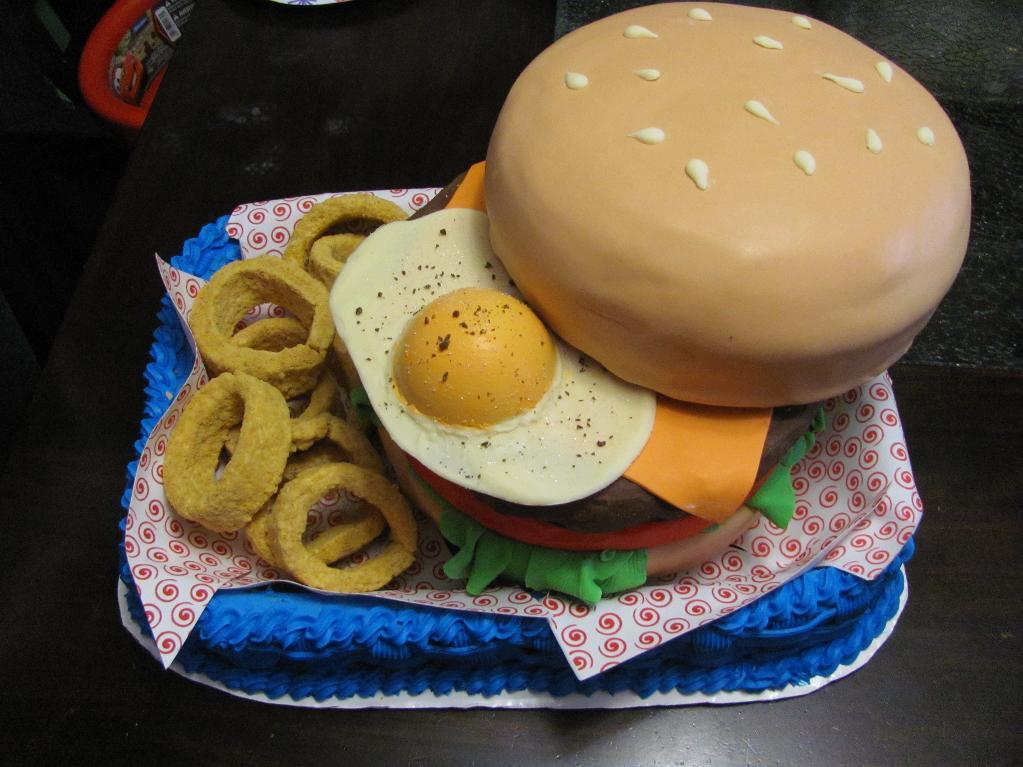 Cake in Shape of Burger with Egg on Top