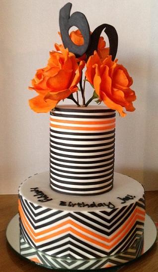 Two Layer Stripped 60th Birthday Cake with Orange Flowers