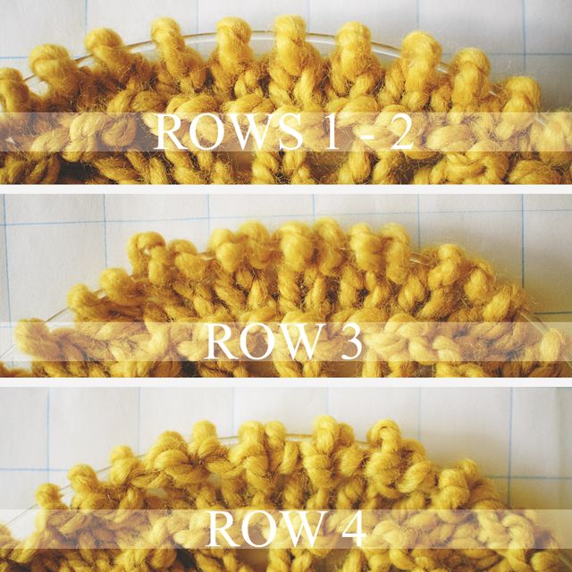 old shale knitting stitch step-by-step, row 1-4