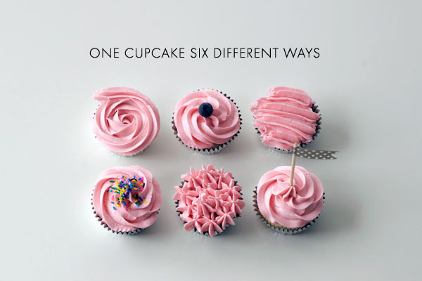 Six Cupcakes Decorate in Pink Icing, Six Different Ways