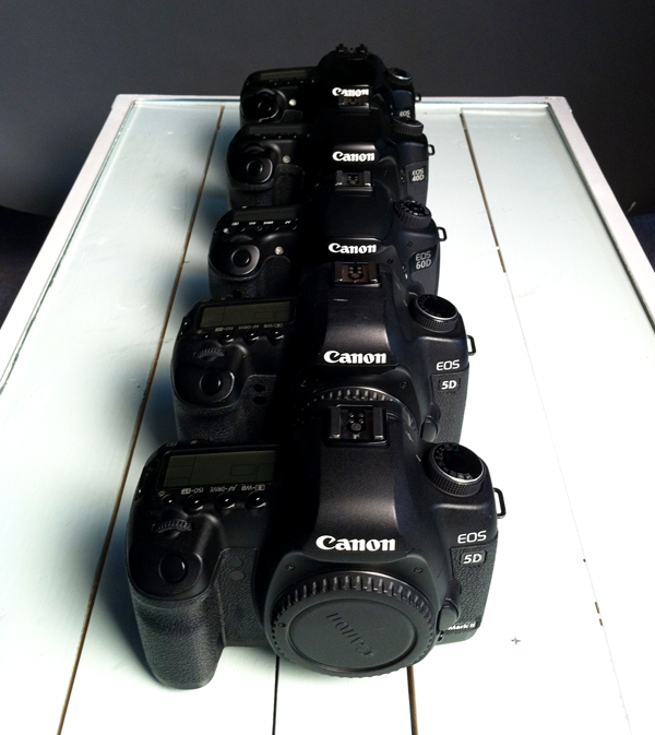 Row of Canon Cameras Lined Up on White Table