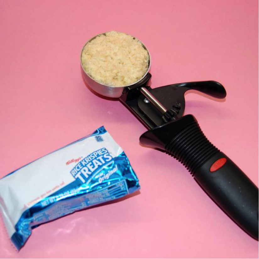 Ice Cream Scoop Filled with Rice Krispies Next to Rice Krispies Package