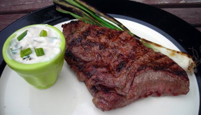 Steak with Grilled Green Onion and Sauce