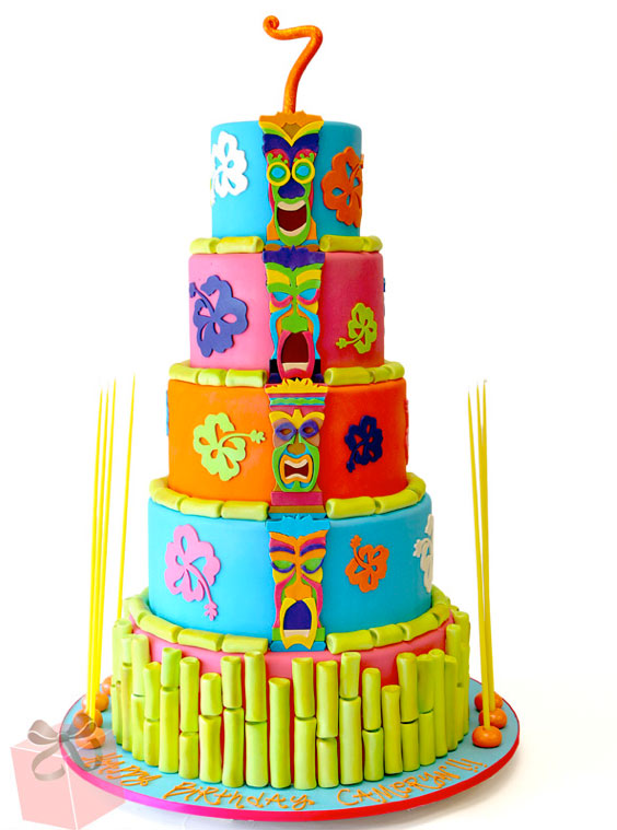 Brightly-Colored Tiered Cake Featuring Totem Pole Design 