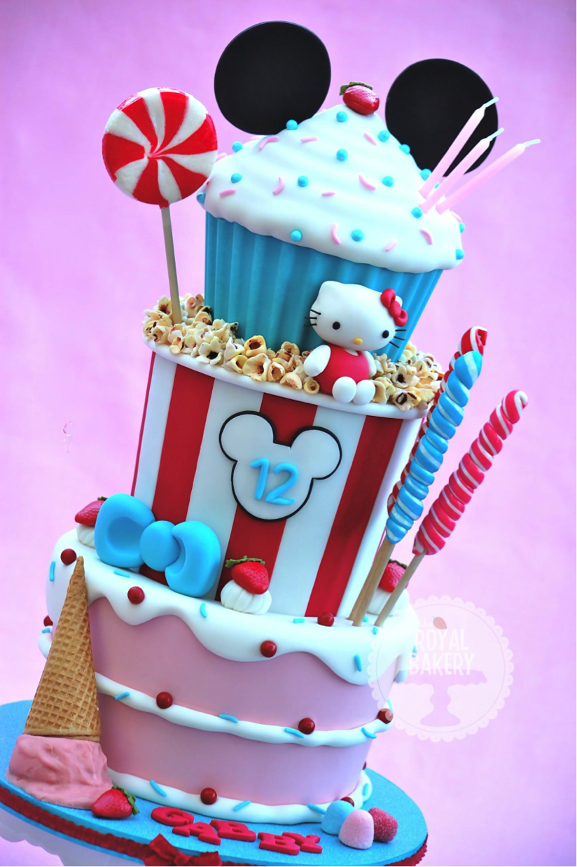 Multi-Layered Candy-Themed Cake with "Spilled Ice Cream Cone" on Side