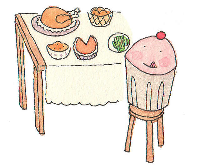 Cartoon of Cupcake at Thanksgiving Table