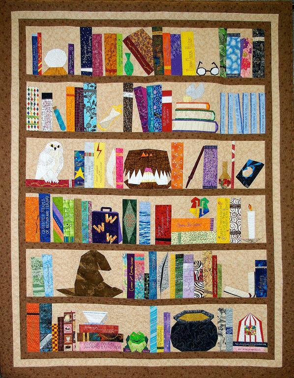 Quilt with Bookshelf Design, Featuring Books, Owl and More