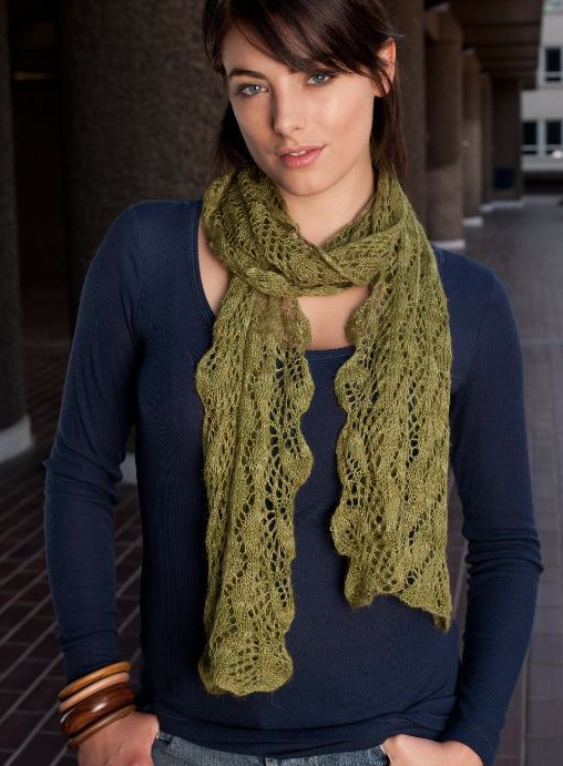 Woman Modeling Green Knit Scarf