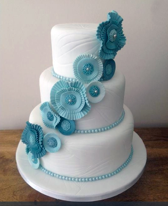 Tiered and Textured White Cake with Modern Blue Sugar Flowers 