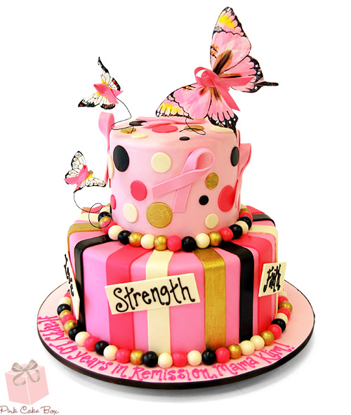 Pink Polka Dot and Striped Cake with Butterflies 