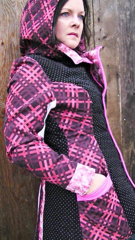 Woman in Pink Plaid Coat with Hood