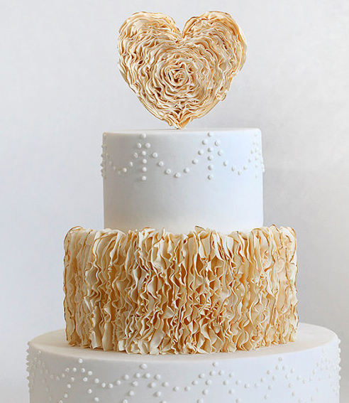 Ruffled Heart Cake Topper on Tiered Wedding Cake