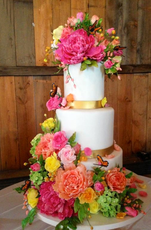 Tiered White Cake Decorated from Bottom to Top with Sugar Flowers