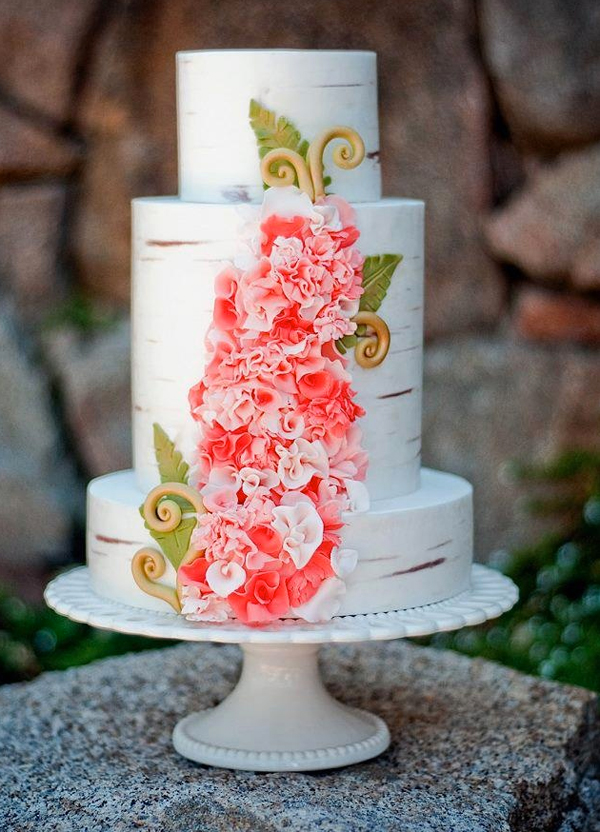 Tiered "Birch" Cake with Ruffly Flowers