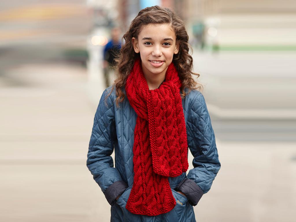 Two sided knit cable scarf