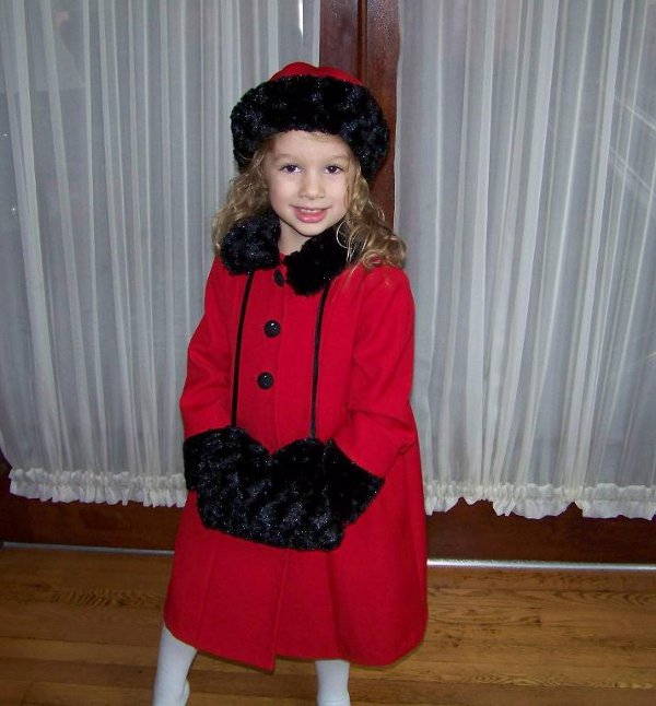 Red coat, hat, and muff with fake fur for little girl