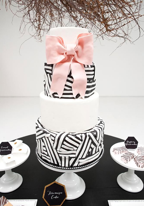 Tiered Black and White Cake with Large Pink Bow