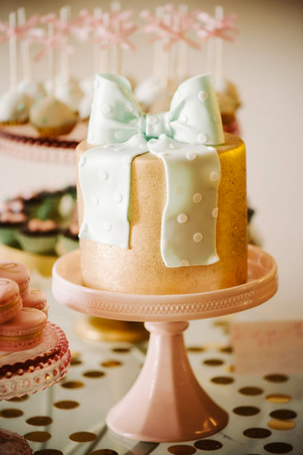 Gold Cake with Green Polka Dot Bow