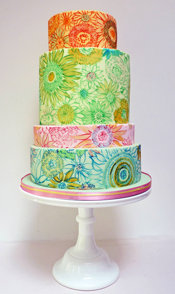 Tiered Cake Painted with Bright Van Gogh-esque Flowers