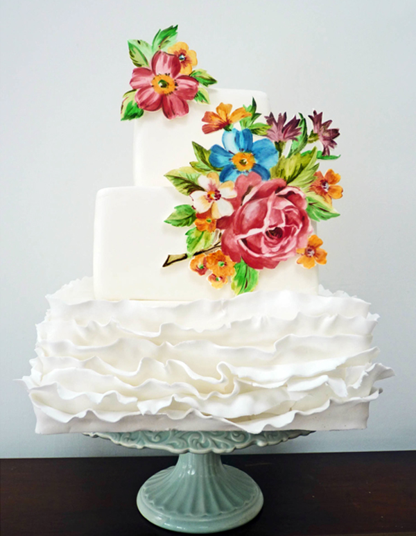 Brightly Colored Painted Flowers on Tiered White Cake