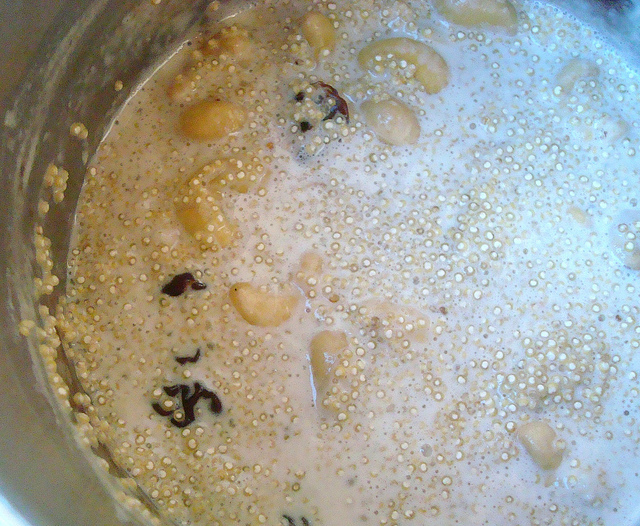 Mixing Milk, Cherries and Cashews for Porridge