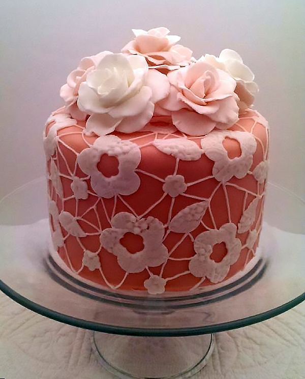 Pink Cake with White Lace and Roses