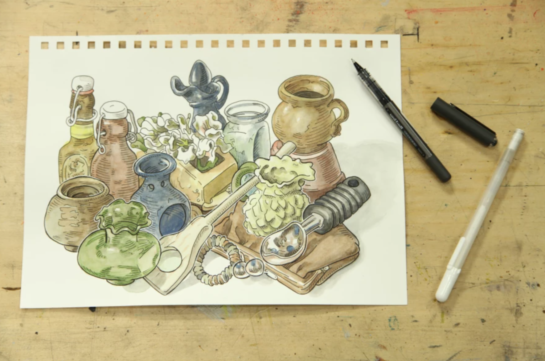 pen ink and watercolor still life