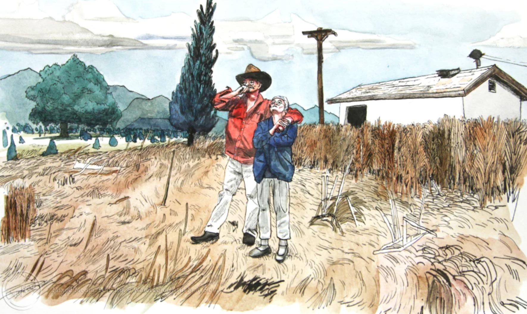 pen ink and watercolor farmers