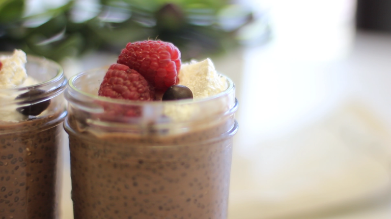 Chocolate chia pudding with raspberries on top