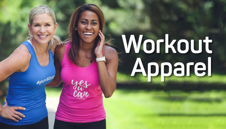 Two women posing outside with workout apparel text