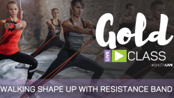 Ad for a walking class with resistance bands