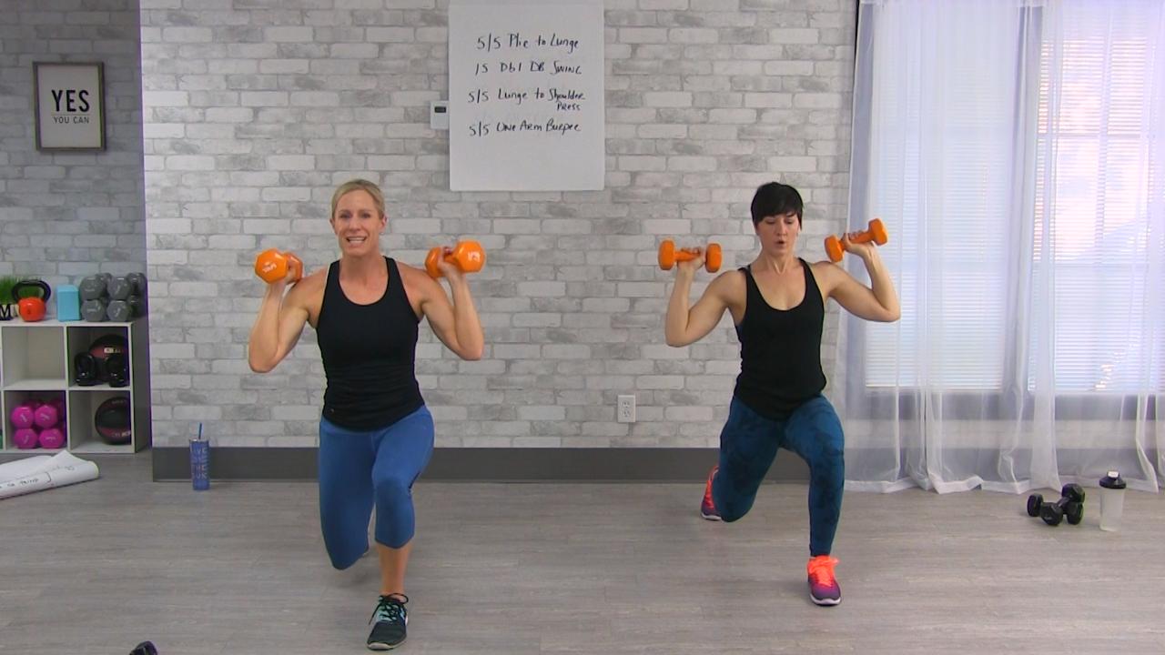 Two women doing weighted lunges