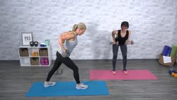 Two women doing a back workout with dumbbells
