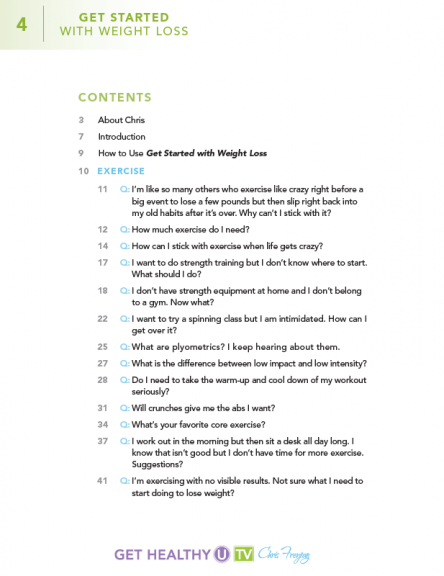Table of contents from a weight loss eBook