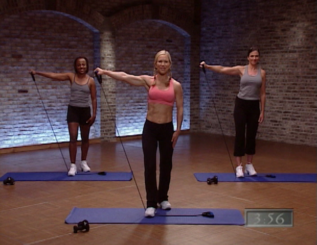 Three people doing arm raises with a resistance band