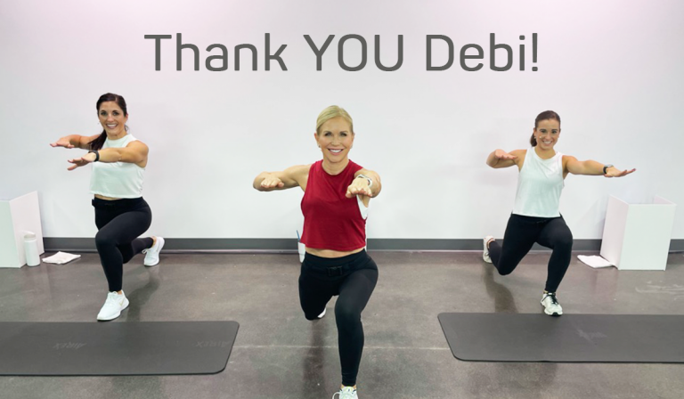 Three women doing lunges with a thank you message in text