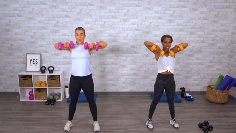 Two women doing dumbbell upright rows