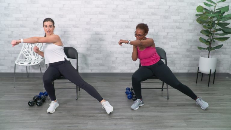 Two women doing a chair workout