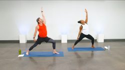 Two people doing a warrior yoga pose