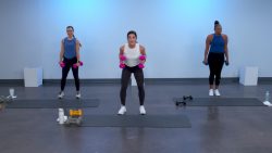 Three women doing an upper body workout with weights