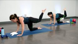 Two women doing a power barre class with resistance bands