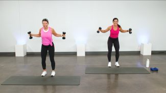 Two women doing reverse flies with dumbbells