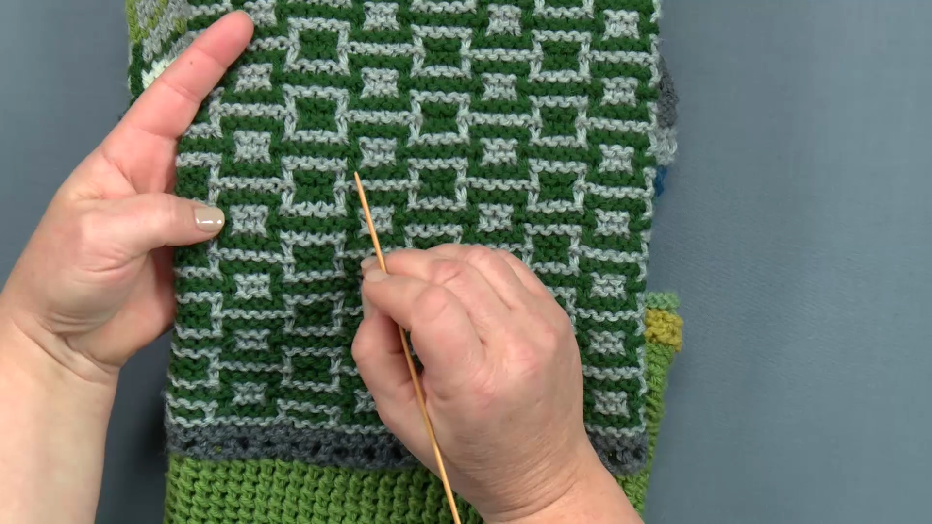 Green and grey continental knitting