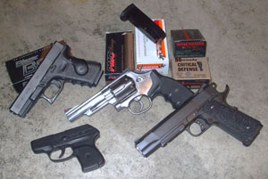 Different kinds of handguns and weapons for students to choose from