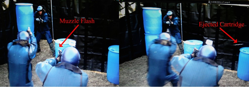 This image was taken from the author’s experiment. As the person on the right engages the suspect/actor in the far room, the person on the left is moving across his field of fire. These two consecutive frames show the first shot fired and the relative distance traveled by the person on the left in that short time frame. (Click to enlarge images.) Photos: author