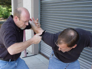 A pressure cut is performed by first stabilizing the target, placing the blade accurately, and then applying pressure to create the cut. Here it is demonstrated against the triceps muscle. 