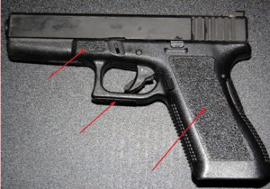 Grip tape on key areas such as sides of grip frame, underside of trigger guard, and forward support-side thumb index point on lower receiver.