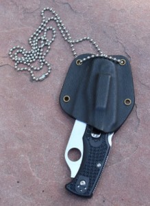 One way to compensate for the lack of potency of most neck knives is to combine neck carry with a more capable lightweight folding knife. This Kydex neck rig from River City Sheaths is the best of both worlds, combining convenient all-weather carry with a full-service Spyderco Endura folding knife.