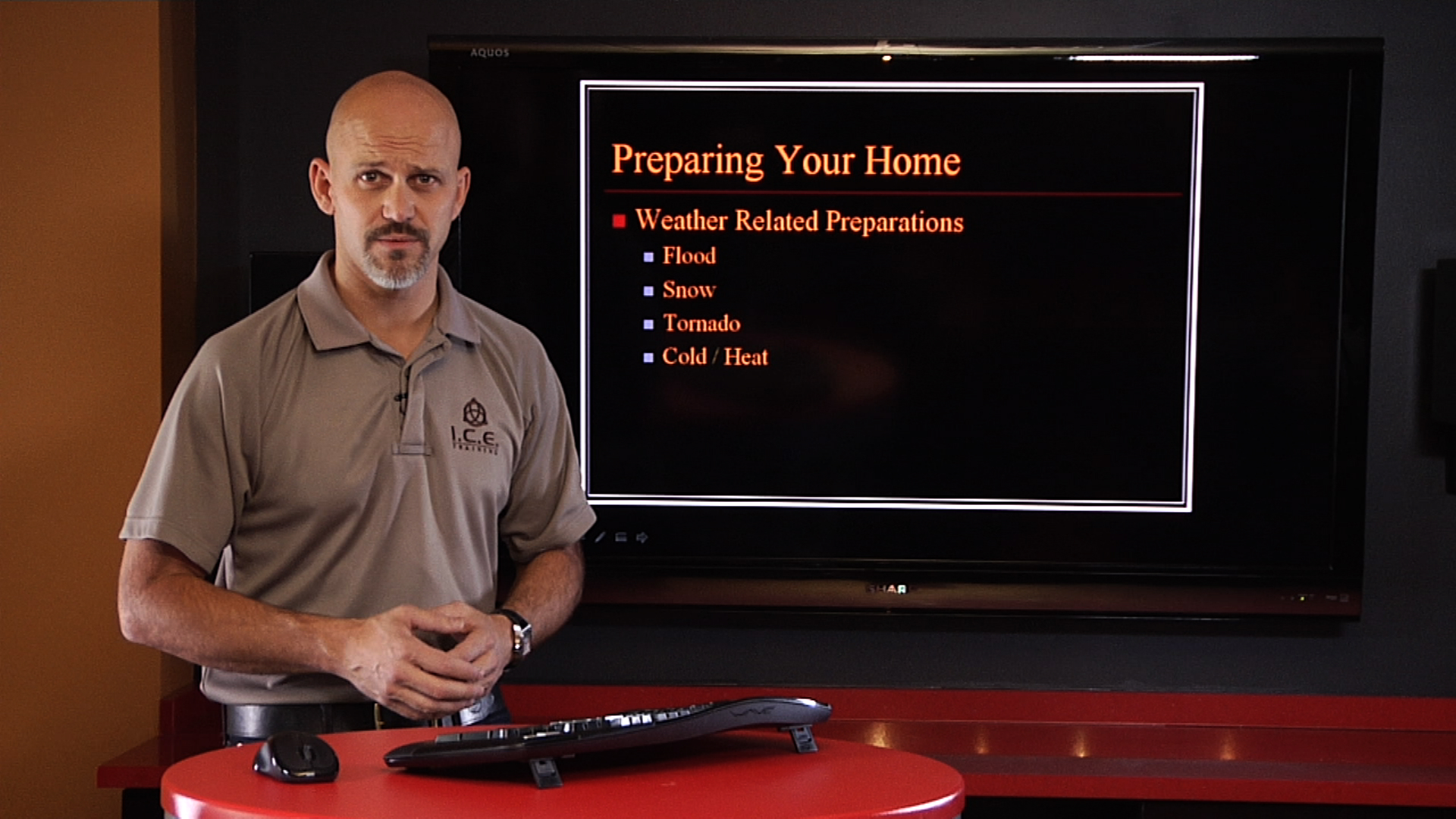 Man with a presentation about preparing your home for weather
