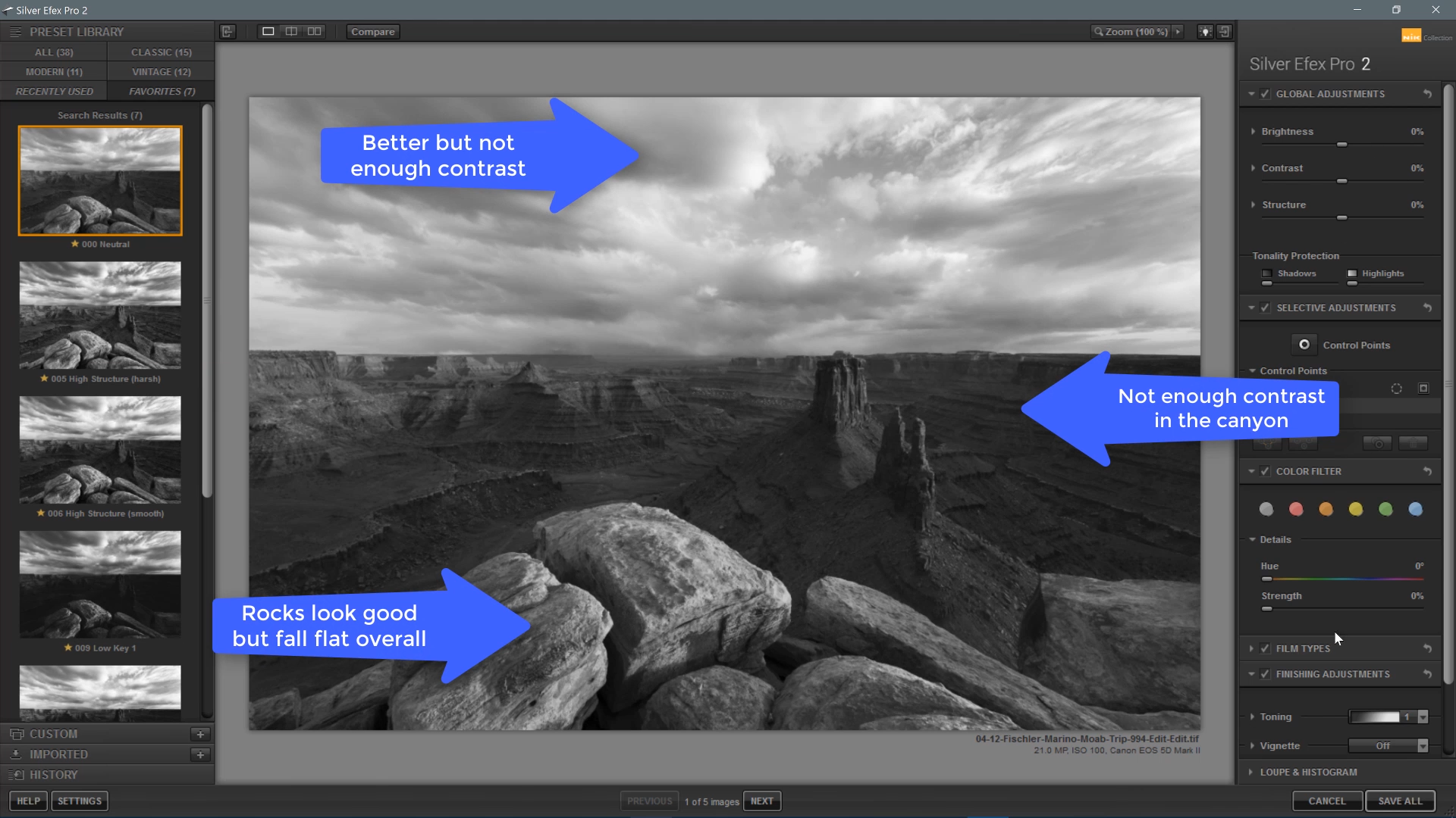 Arrows pointing to color adjustments to make to a photo of rock formations